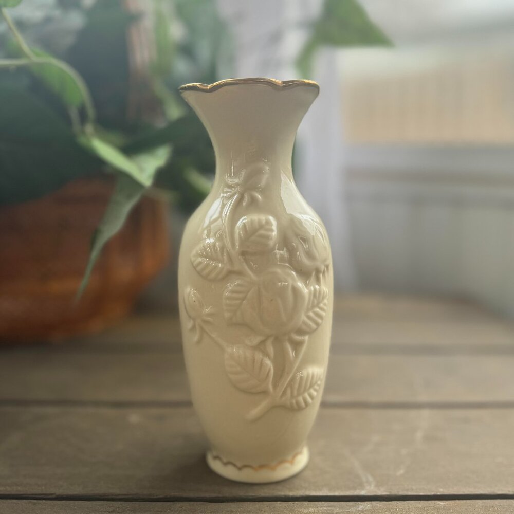 Vintage Lenox Ivory with Gold Edge and Embossed with Roses Vase